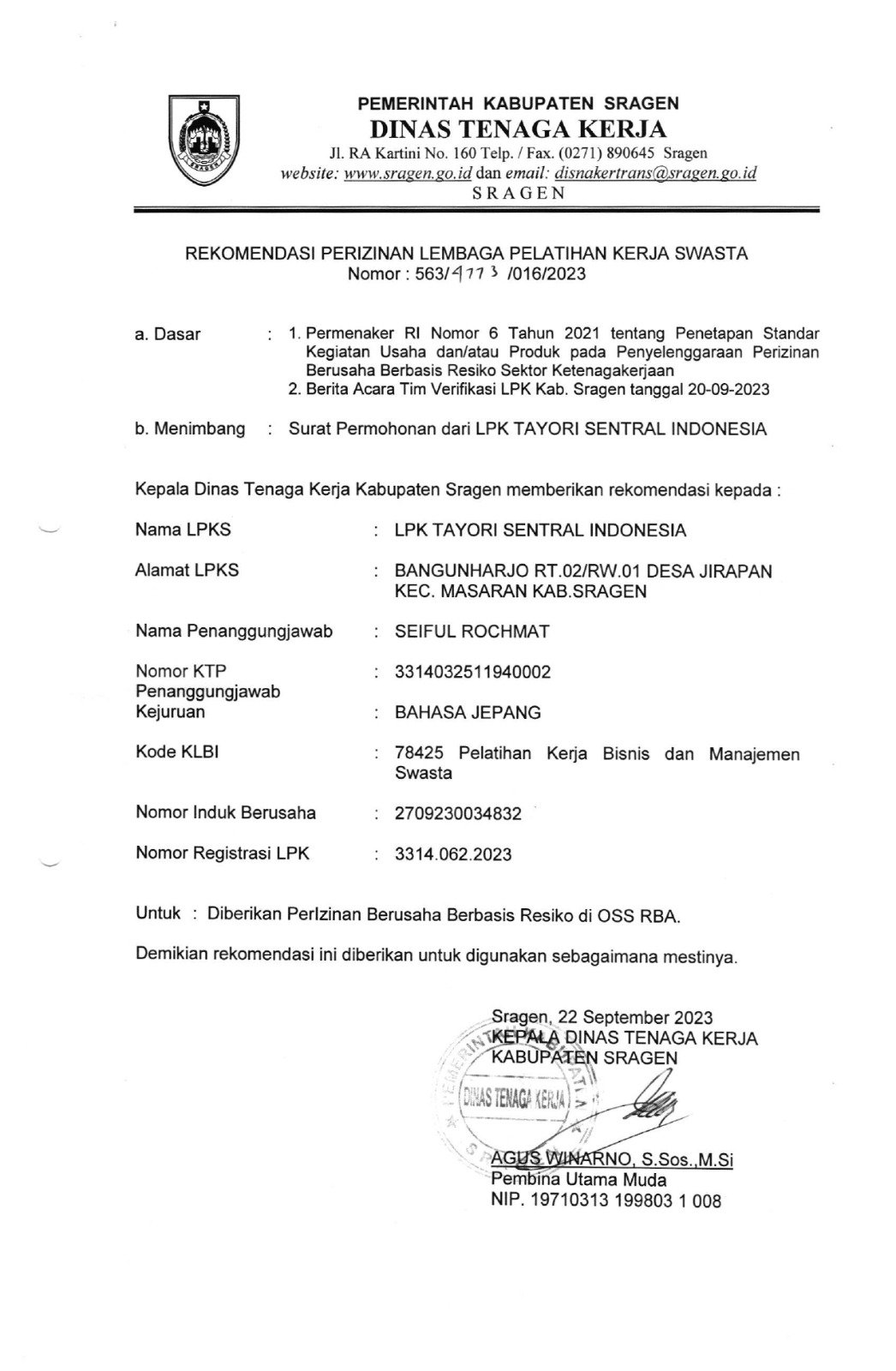 Izin Operasional LPK