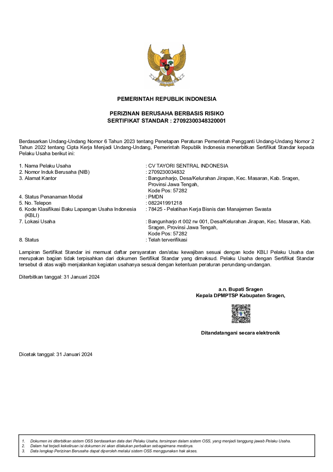 Nomor Induk Berusaha (NIB)